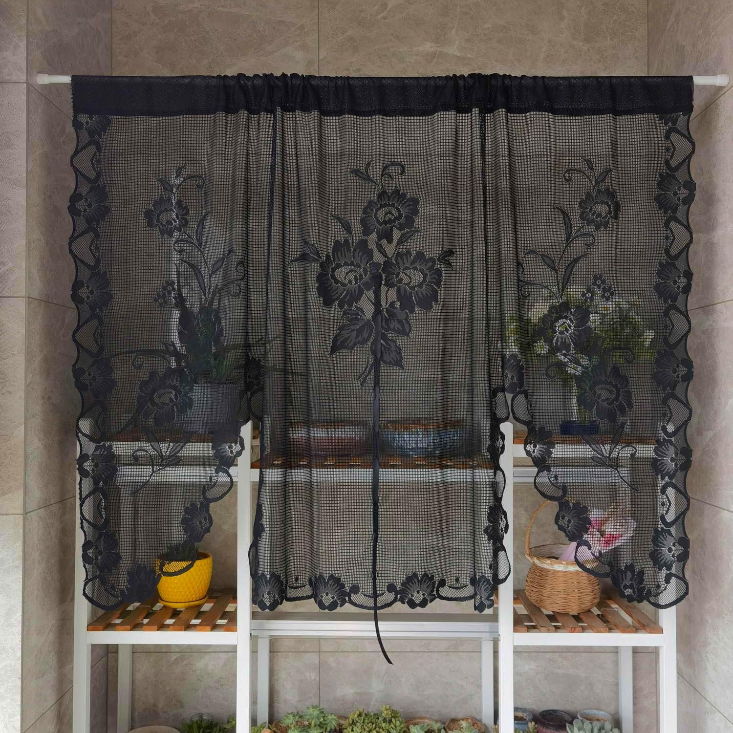 Gxi Black Kitchen Curtain Short Lace Curtain Sheer Valance 39 inches Length for Bathroom Small Window Voile Tulle Rod Pocket Lace Window Treatment Valance, 3 Panels, Each W39 x L39 inch