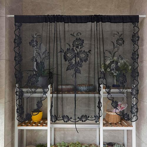 Miniatura 8 de Cenefa de cortina de encaje transparente con bordado floral negro, estilo princesa, estilo princesa, cenefa de cortina bordada en cascada para