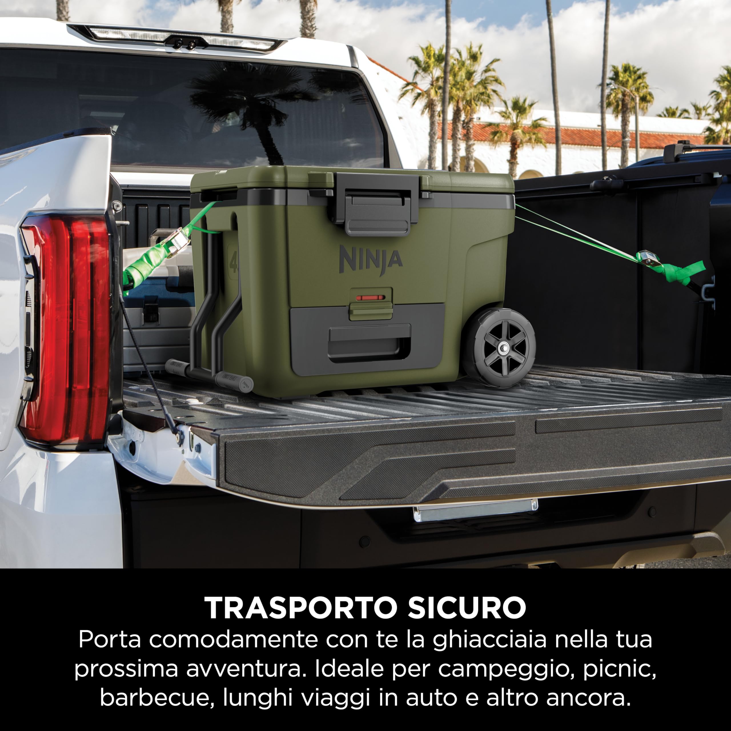 Ninja FrostVault, Ghiacciaia portatile isolante robusta, Verde | con borraccia Ninja Thirsti e mattonella refrigerante grande, con ruote e scomparto frigo integrato, FB245AMZEUUKGN