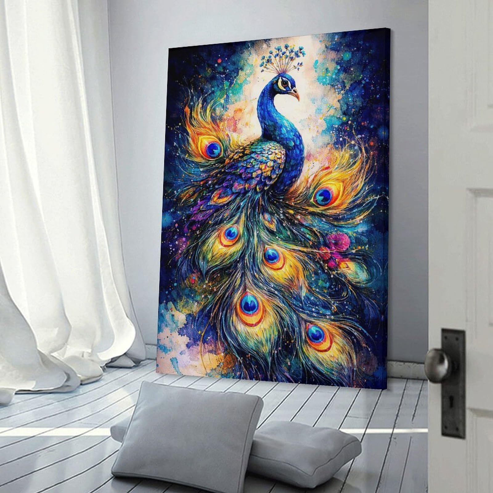 Junmoney Canvas Wall Art Vibrant Watercolor Peacock, 24x36inch(60x90cm), for Lounge Decor, Bedroom Walls Or Flats, A Home Accent with Warm Character