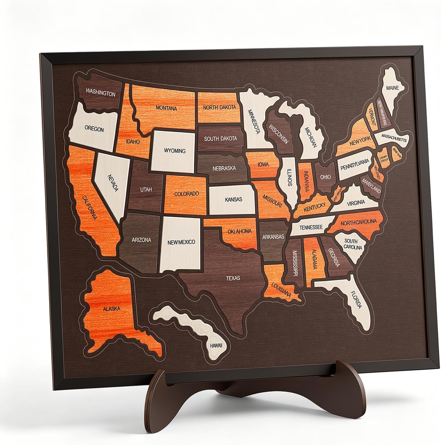 Wooden USA Travel Map Puzzle with Stand, 12x10 Inch 50 States Wooden Puzzle Board, Places We've Called Home, Family Memory Keepsake, USA Travel Map Decor for Home, Office & Gifts