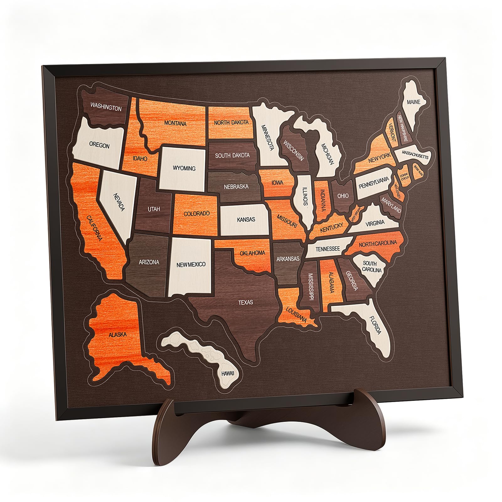 Wooden USA Travel Map Puzzle with Stand, 12x10 Inch 50 States Wooden Puzzle Board, Places We've Called Home, Family Memory Keepsake, USA Travel Map Decor for Home, Office & Gifts