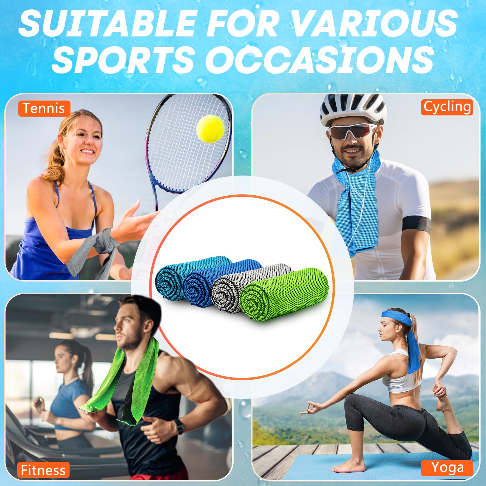 RUENVUE 4 Pack Cooling Towels (40"x 12"), Soft Breathable Gym Towels, Outdoors Ice Towel for Neck and Face, Camp Essentials Microfiber Sweat Towels for Gym, Run, Yoga, Workout, Travel, Climb image 6