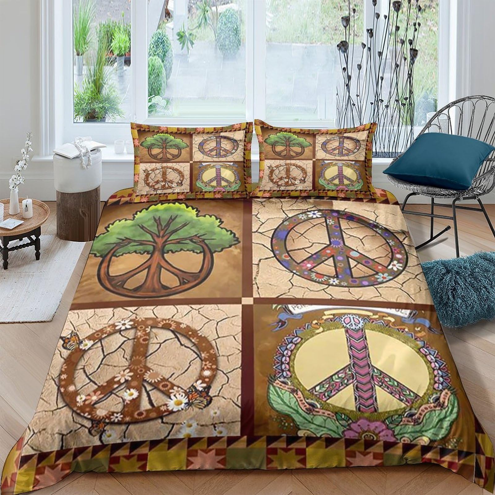 Ctjqhvkz Style-7 3D Printed Vintage Peace Symbol Fitted Sheet Microfiber Anti-Slip Hippie Tree Mattress Cover Bedroom Home Decor Single（135X200cm）