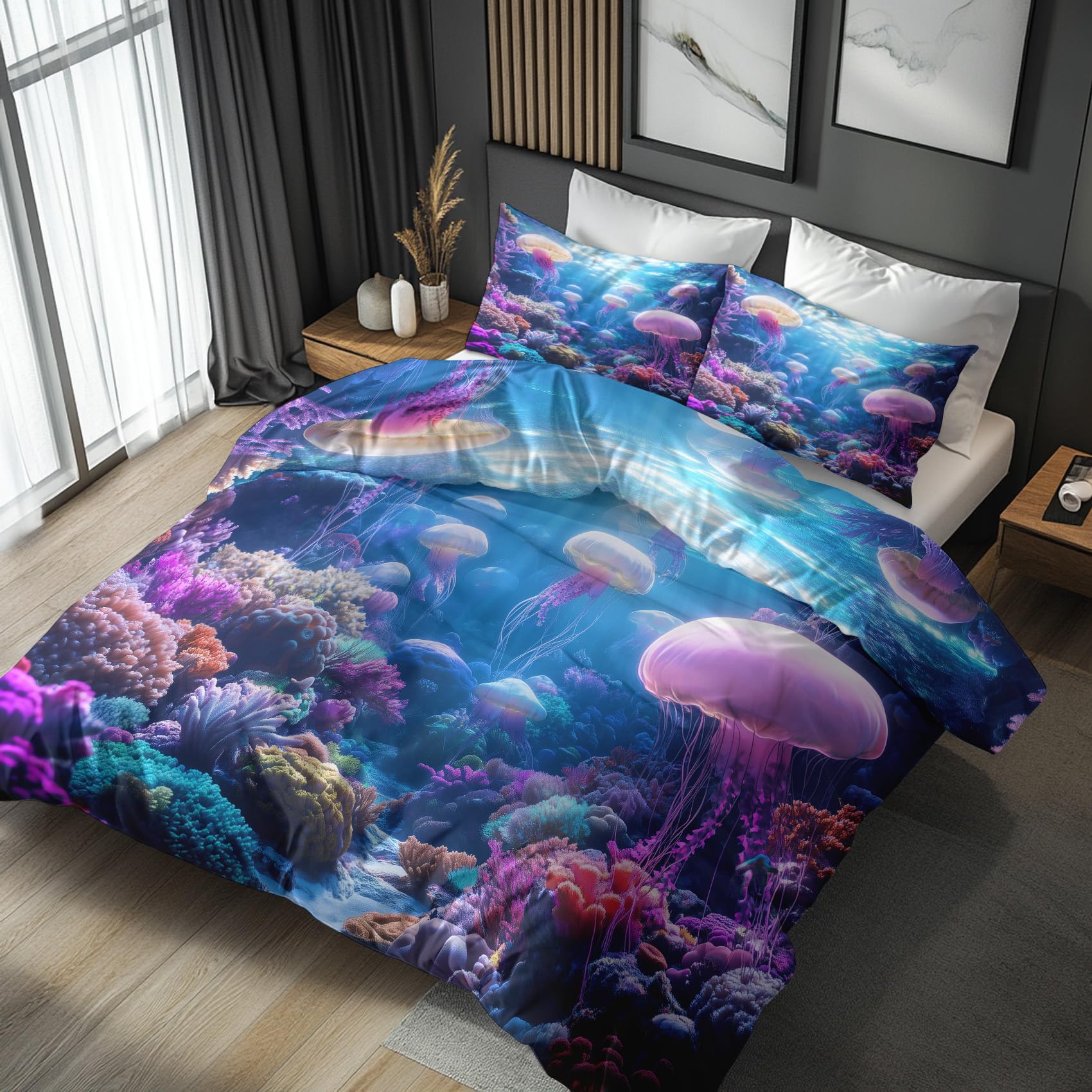 Funda Nordica Cama 180 Medusa Fondo Marino, Funda Edredon 240x260 y 2 Fundas de Almohada 50x75, Juego de Ropa de Cama de 3 Piezas Microfibra Suave con Cremallera