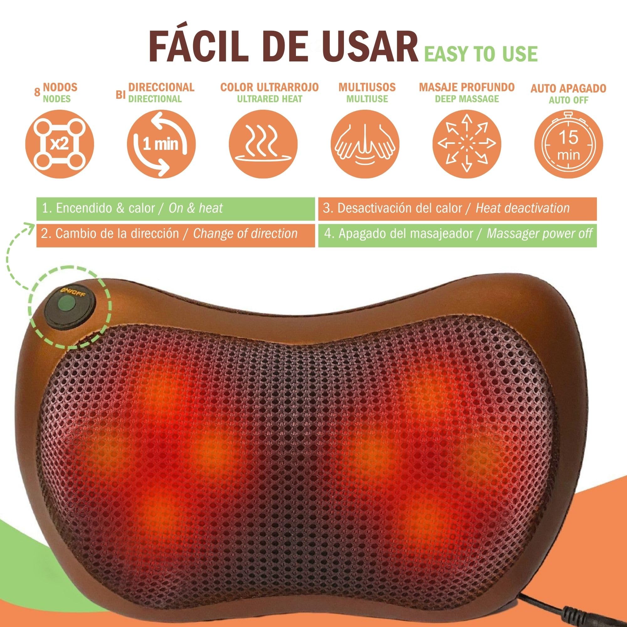 Masajeador Cervical y Espalda. Cojín Eléctrico con Calor y una Funda Extra (Marrón) - Almohada Cervicales y Cuello, Masaje Shiatsu Bidireccional con 8 Rodillos, Ideal para Casa, Oficina, Coche o Viaje