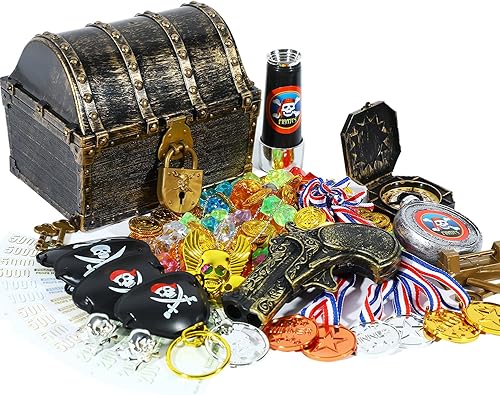 Miniatura 9 de Lingway Toys Cofre del Tesoro Pirata Grande para Niños Favorito del Maestro Caja de Almacenamiento de Colección de Tesoros con 2 Juegos de Cofre de