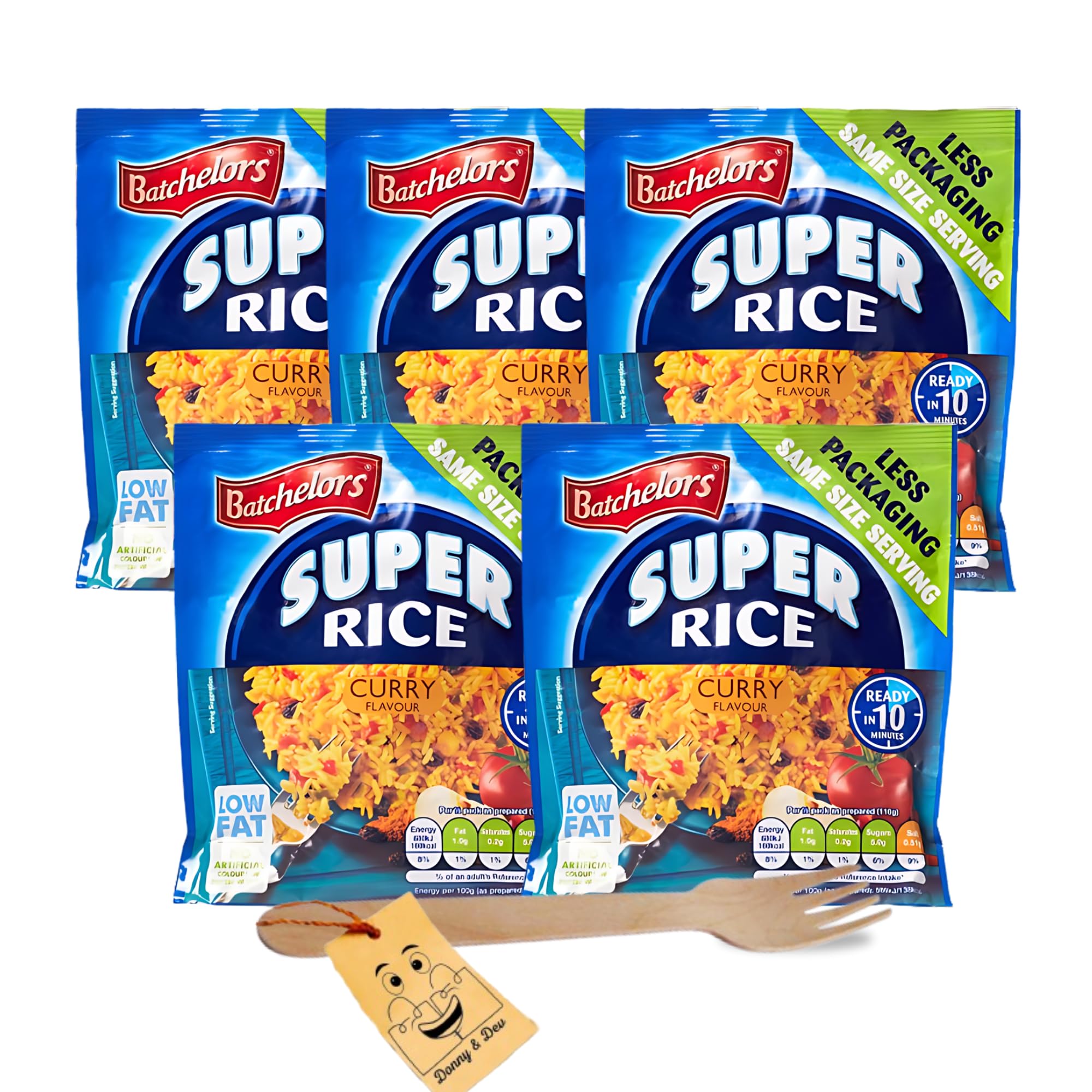 Easy to Cook Meal Which Includes: 5x Batchelors Savoury Instant Rice Curry Flavour (90g each) Bundled With 1 x Wooden Fork (Disposable) by Donny & Dev