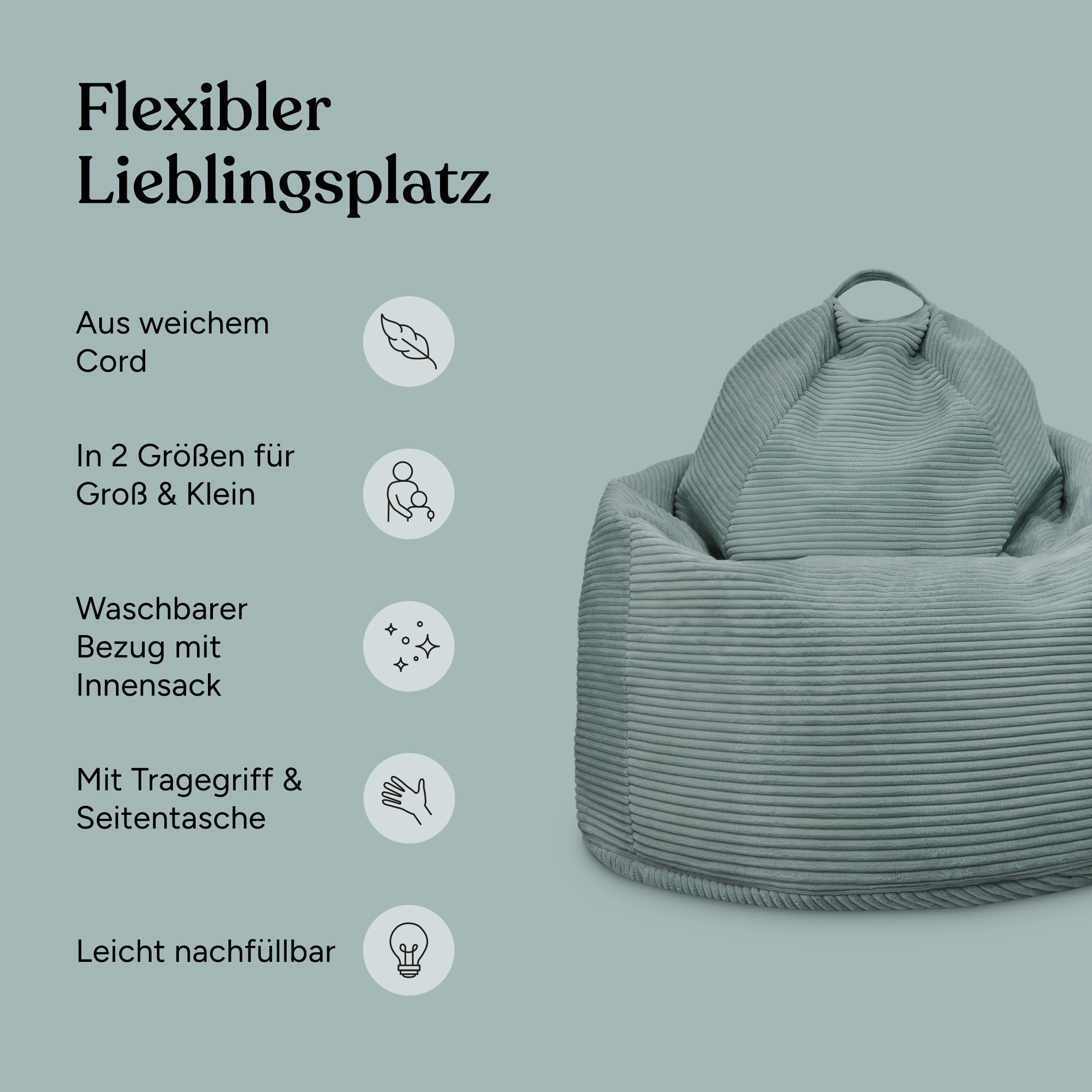 Ehrenkind® Sitzsack XXL aus Cord | Für Körpergrößen von ca. 140–190 cm | Bequem & ergonomisch | Weicher, abziehbarer Cordbezug | Natur