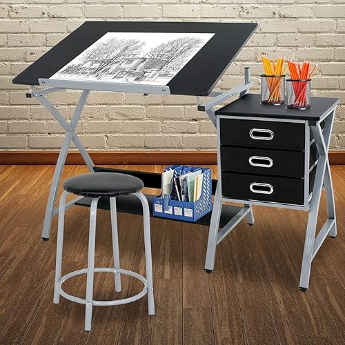 Miniatura 6 de Mesa de dibujo, escritorio de dibujo, mesa ajustable para manualidades con 3 cajones deslizantes y taburete, estación de trabajo de diseño artístico