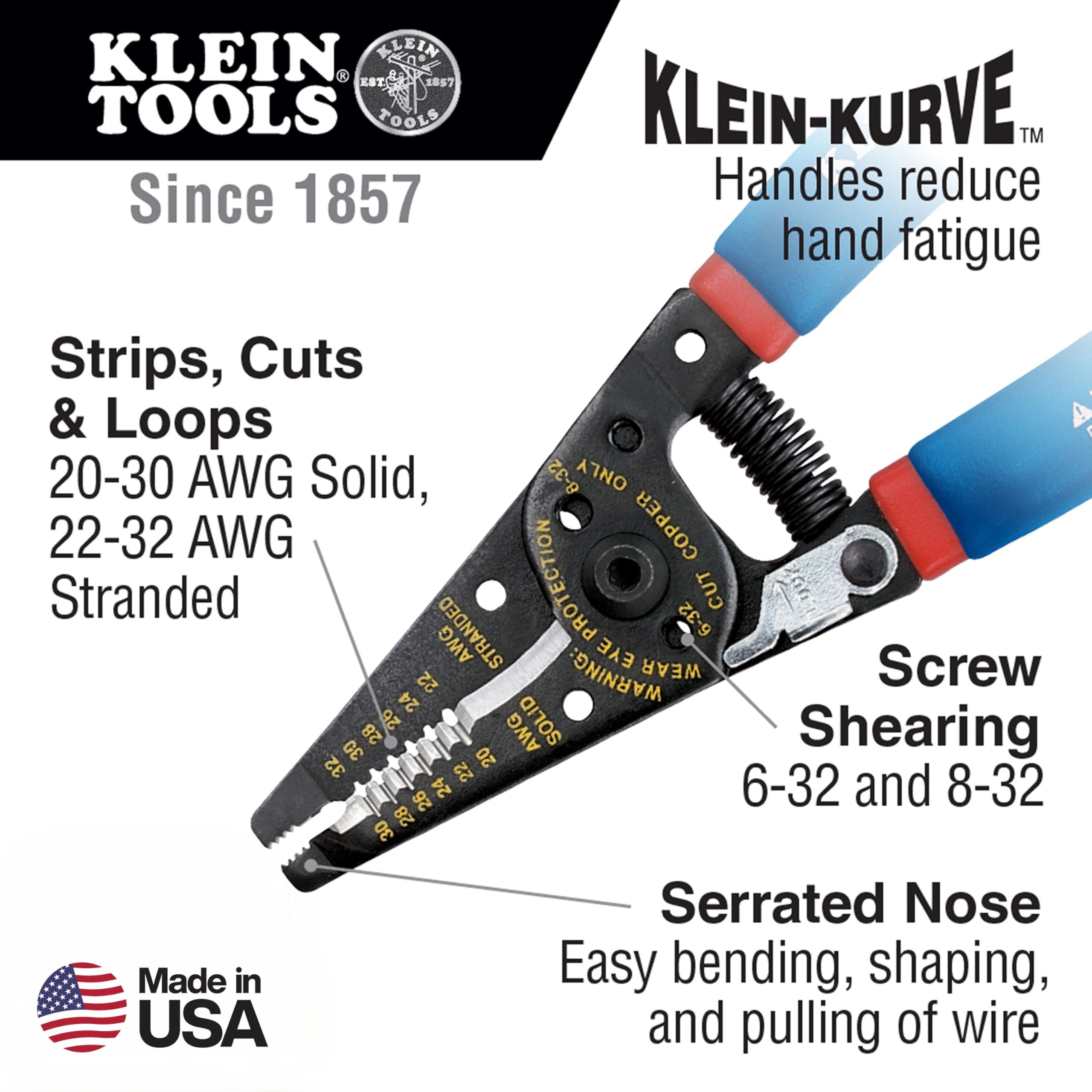 Ściągacz izolacji i obcinacz do drutu litego 20-30 AWG i 22-32 AWG KLEIN TOOLS 11057, niebieski