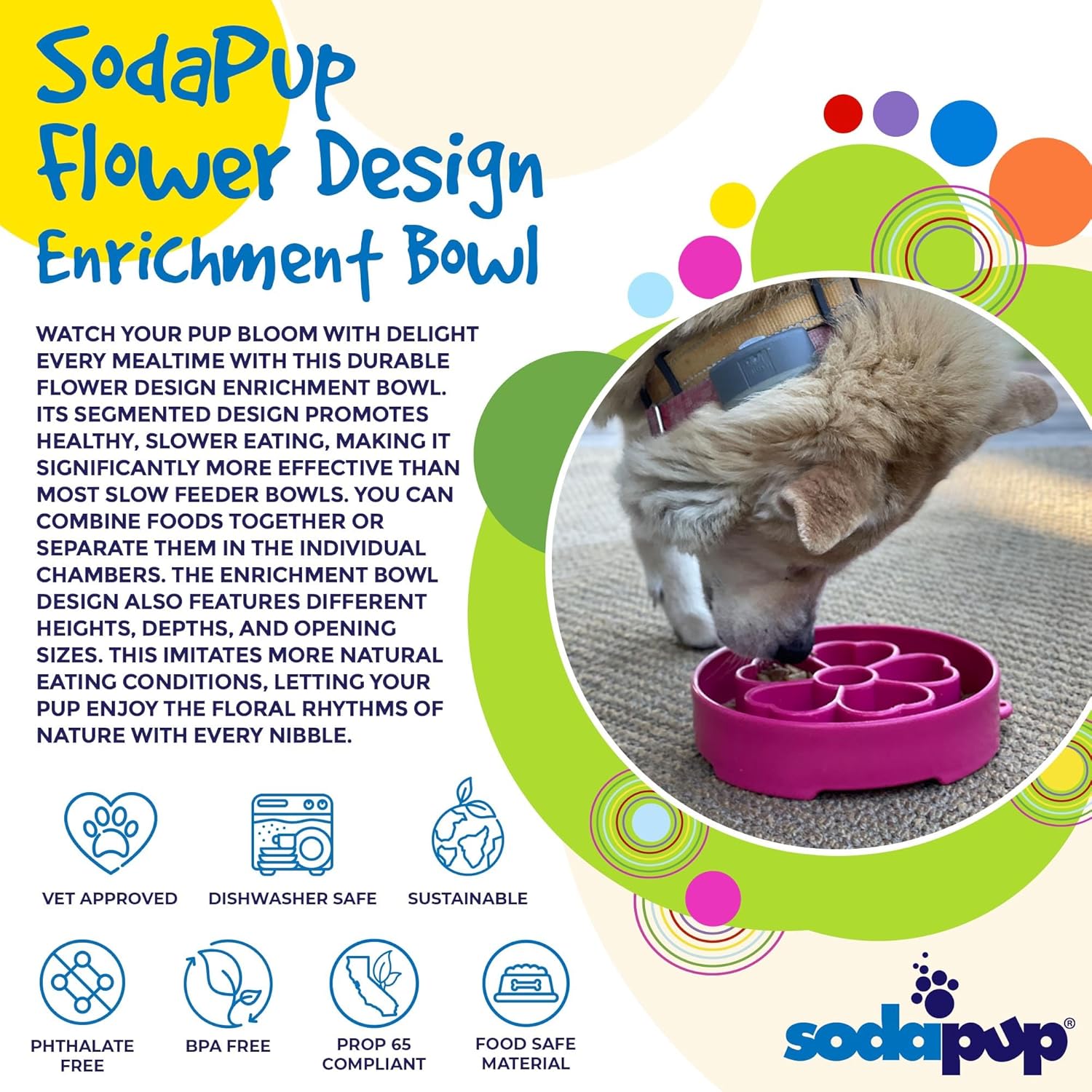 SodaPup Flower Design Enrichment Bowl – Durable Slow Feeder Bowl Made in USA from Non-Toxic, Pet-Safe, Food Safe Material for Mental Stimulation, Slowing Down Eating, Healthy Digestion, & More