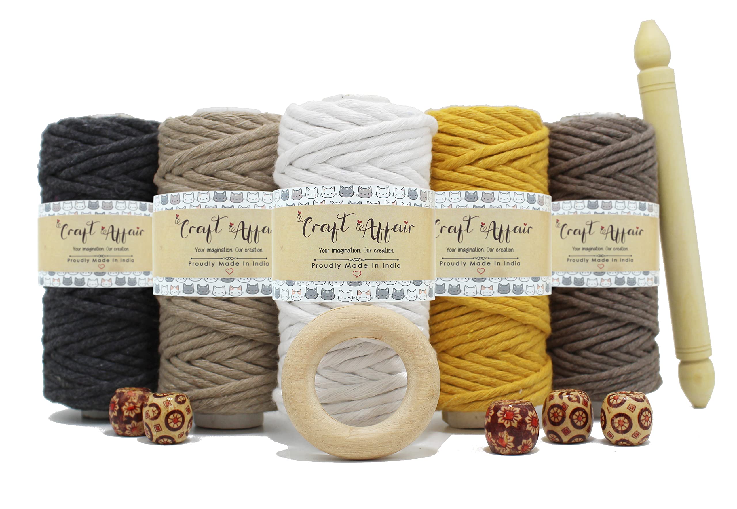 Craft Affair | Single Strand Cotton Cord Combo Multicolor (Each Color 10 Meter, 3mm) | Get Free Wooden Dowel, Ring, Beads | Craft, Wall Hangers and DIY | Charcoal, Beige, White, Mustard, Stone
