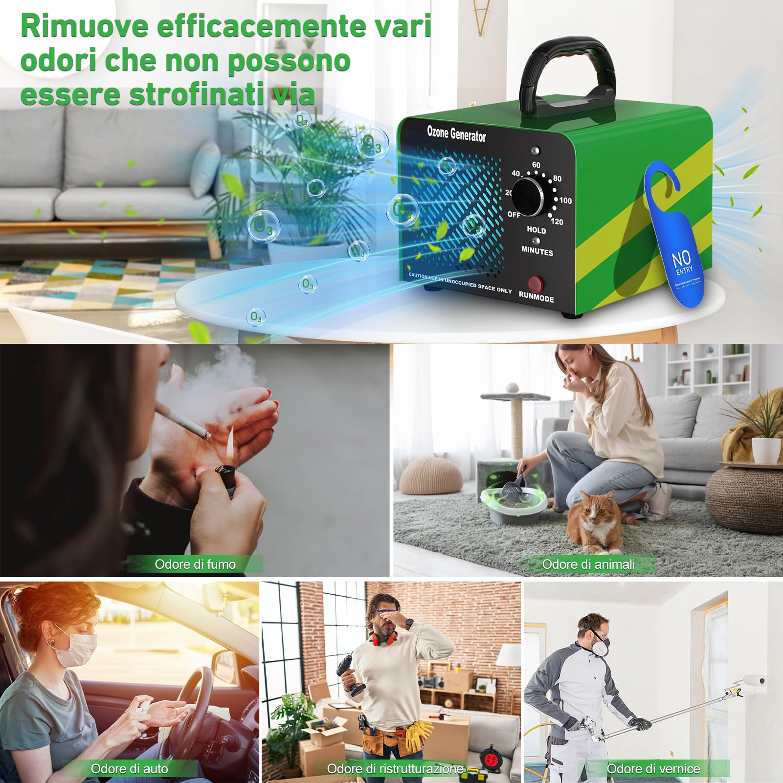 Generatore di ozono 65000mg/h, O3 Ozonizzatore per Veicoli, Generatore ozono con Timer 120 Minuti per Ambienti fino a 300㎡,Perfetto per case, uffici, hotel, ristoranti, veicoli e altro ancora