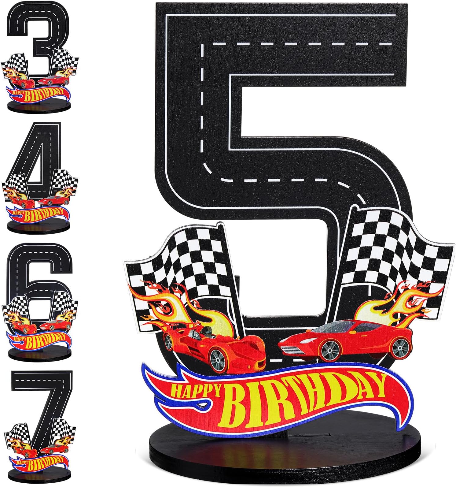 Race Car 5th Birthday Number Sign Centerpiece Race Car Theme 5th Birthday Party Supplies Wooden 5th Table Decoration Photo Props for Boys Five Years Old Birthday