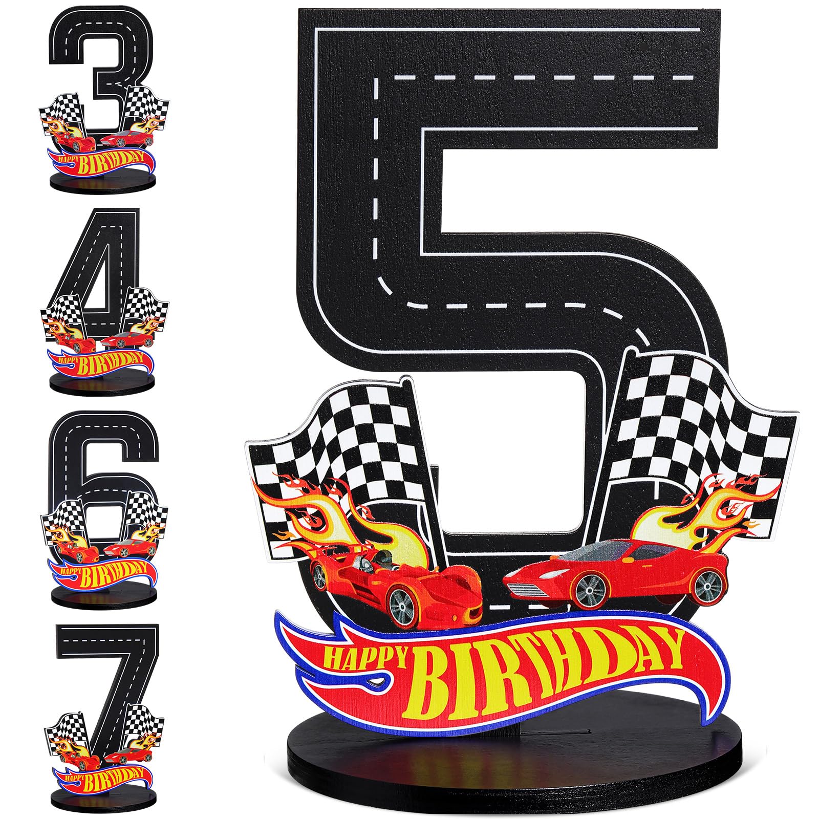 Race Car 5th Birthday Number Sign Centerpiece Race Car Theme 5th Birthday Party Supplies Wooden Table Decoration Photo Props for Boys Five Years Old