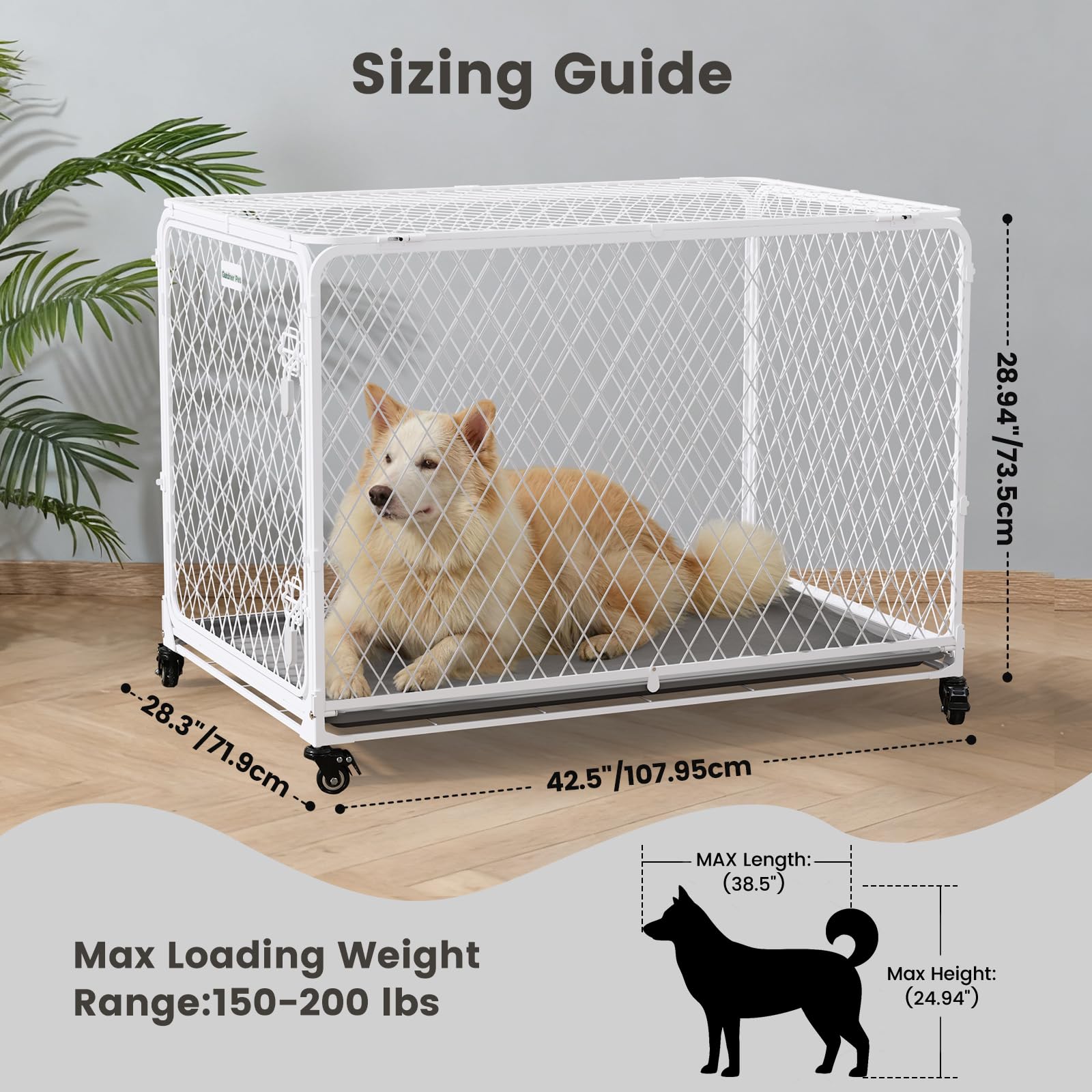 Gardner Cage pour Chien Pliable 108x72x73cm avec Roues Verrouillables Plateau Amovible Blanc