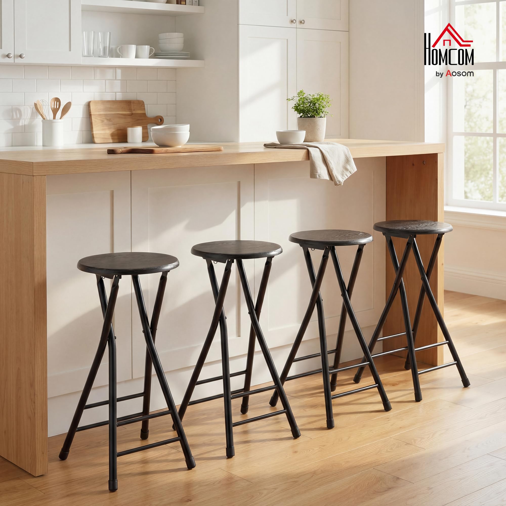HOMCOM Set 4 Sgabelli Bar Pieghevoli, Sgabelli Cucina Alti Rotondi con 2 Poggiapiedi, Struttura in Legno e Acciaio, Sedie Bar Alte, per Penisola, Nero