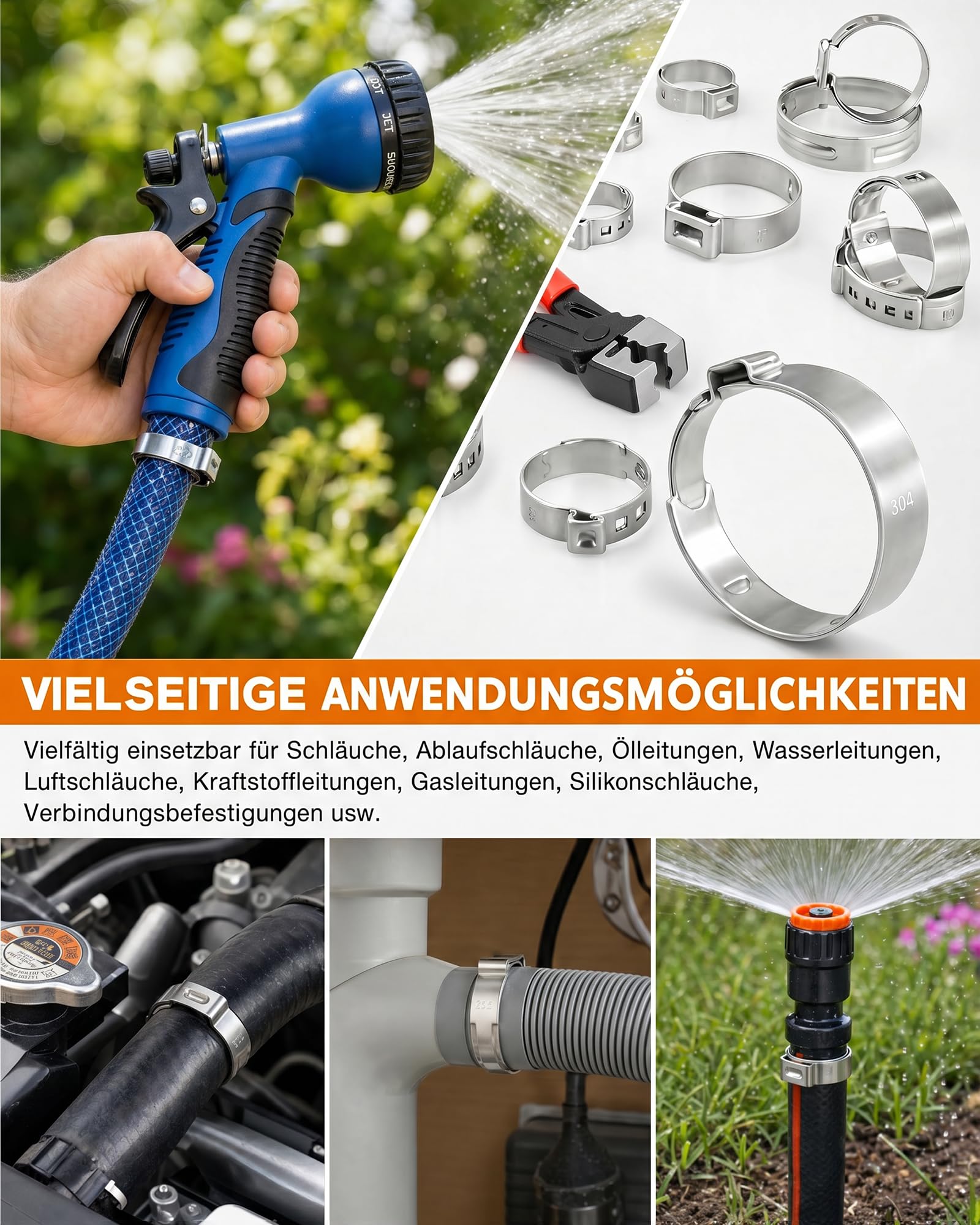 160PCS Schlauchschellen Set Edelstahl 304 mit Schlauchklemmenzange, 14 Größen (5,3-33,1mm) Einohr Schlauchklemmen Sortiment für Auto, Haushalt & Sanitär – Rostfrei & Auslaufsicher