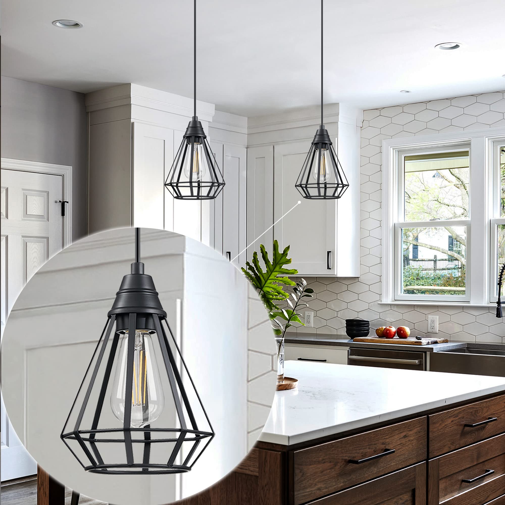 3 Pack 1 Light Vintage Hanging Pendant Light Fixture,Farmhouse Basket Lantern Cage Pendant Ceiling Lights with Black Finish for Kitchen Island Dining Restaurant Room Hallway Hotel Bar