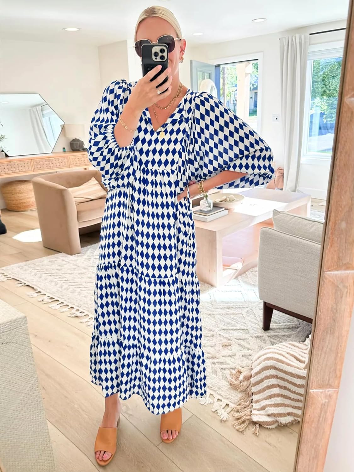 miduo Womens Loose Fit Casual Summer V Neck Half Sleeve Bohemian Geometric Pattern Maxi Long Dresses - Image 3