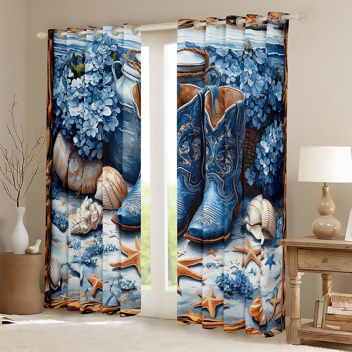 Tende per finestre con cowboy occidentale, con stivali tribali blu, fiori da spiaggia, stelle marine, conchiglie, conchiglie, tenda per camera da letto, tenda rustica in legno per
