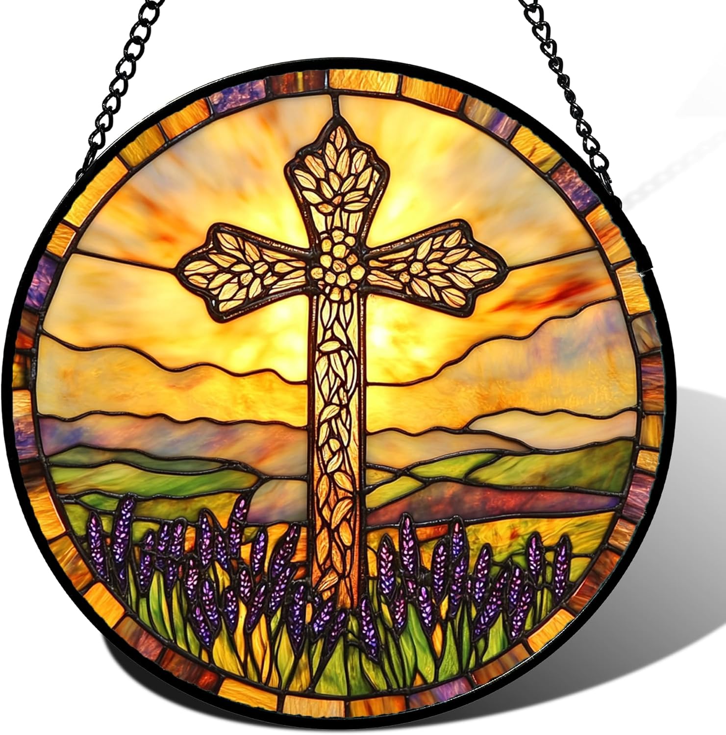 Christian Gifts for Women - Stained Glass Window Hanging Jesus Cross Easter Purple Lavender Retro Sun Catcher Garden Religion Decor Mother's Day Catholic Gifts for Men Grandma Mom 15"