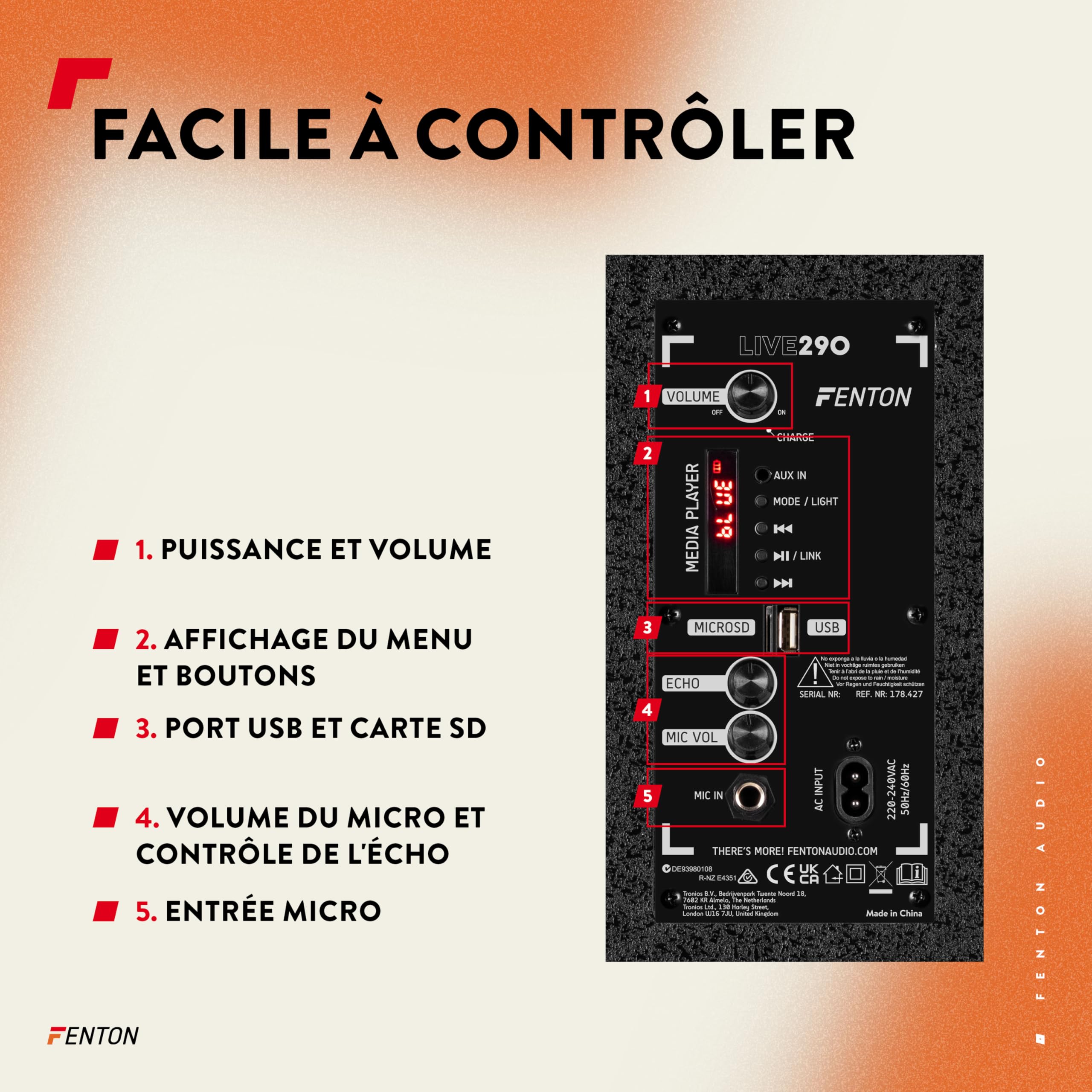 Fenton LIVE290 Enceinte Karaoké Portable 2x8’’ avec Bluetooth - 300 Watts, 2 Micros, Boule Disco LEDs, Lecteur MP3, Autonomie 6H, Une Enceinte Idéale pour Les Soirées Disco avec Effets Lumineux
