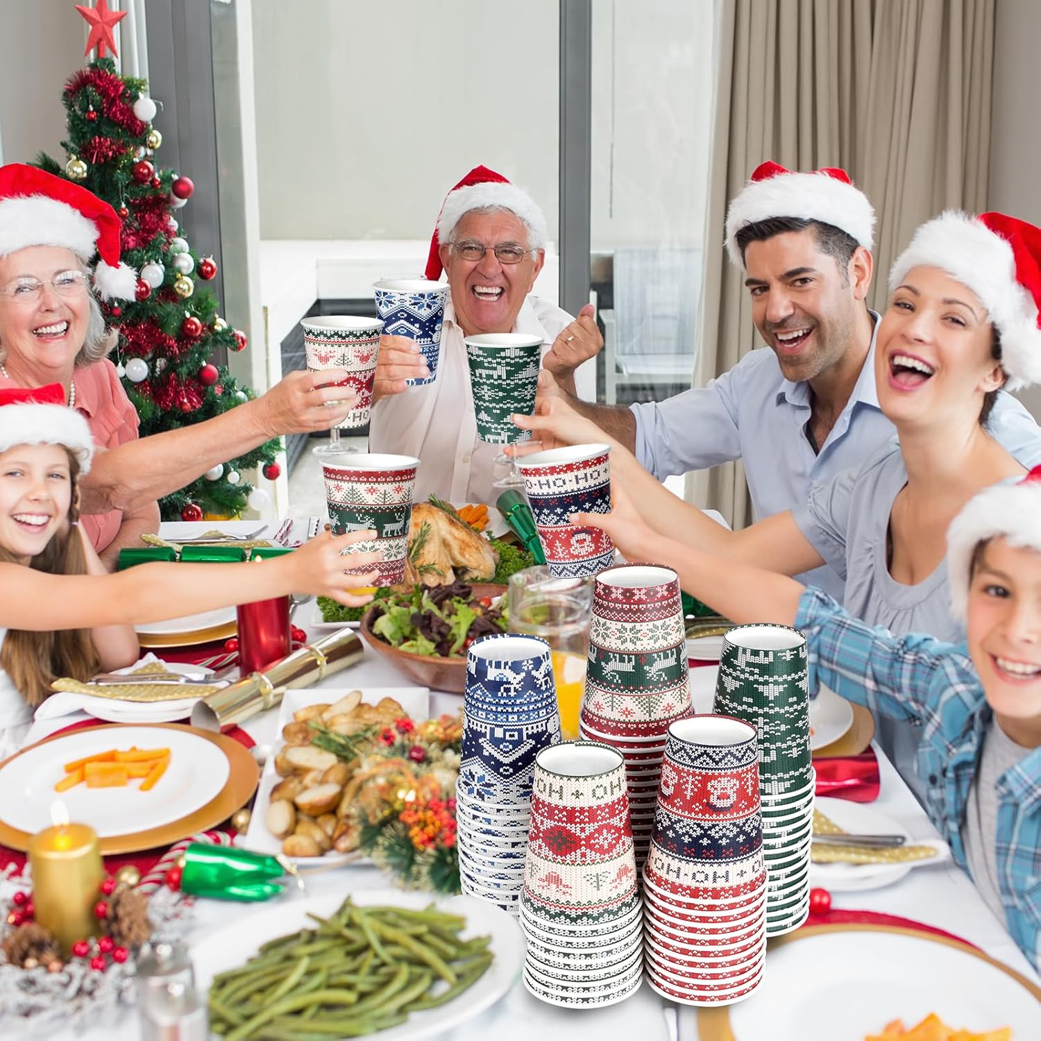 100Pcs Christmas Coffee Cups with Lids 12 Oz, 5 Style Red Green Blue Ugly Sweater Disposable Cups Snowman Deer Paper Cups Bulk for Hot Cold Drinks Xmas Winter Holiday Birthday Baby Shower Party