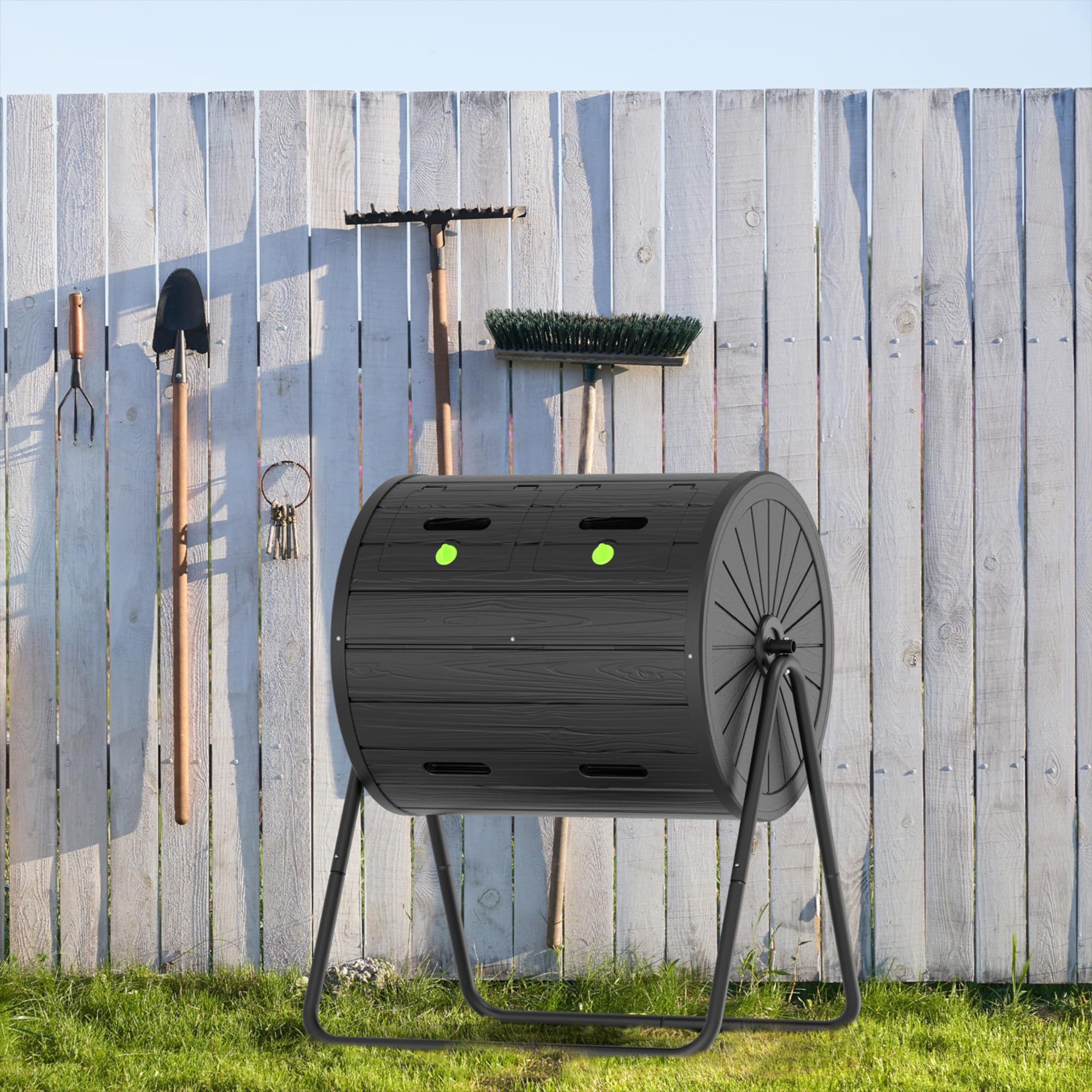 EasyUp Compostador de doble cámara, 43 galones, negro, diseño giratorio con puertas renovadas y marco de acero (negro)