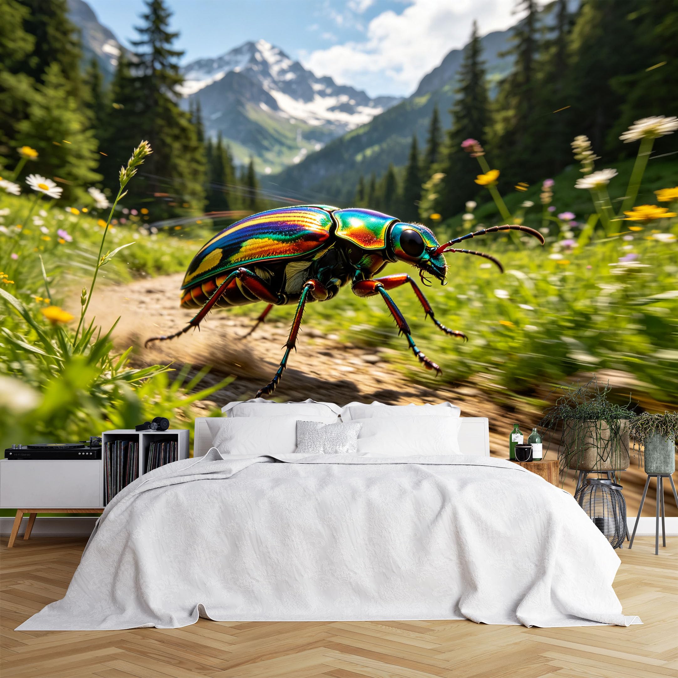 Lcythiazole Ch260615135 Custom Size Wall Murals Iridescent Beetle Mountain Wildflower Trail Wall Murals Hd Nature Wallpaper Wall Stickers Self-Adhesive Removable Wallpaper For Basement