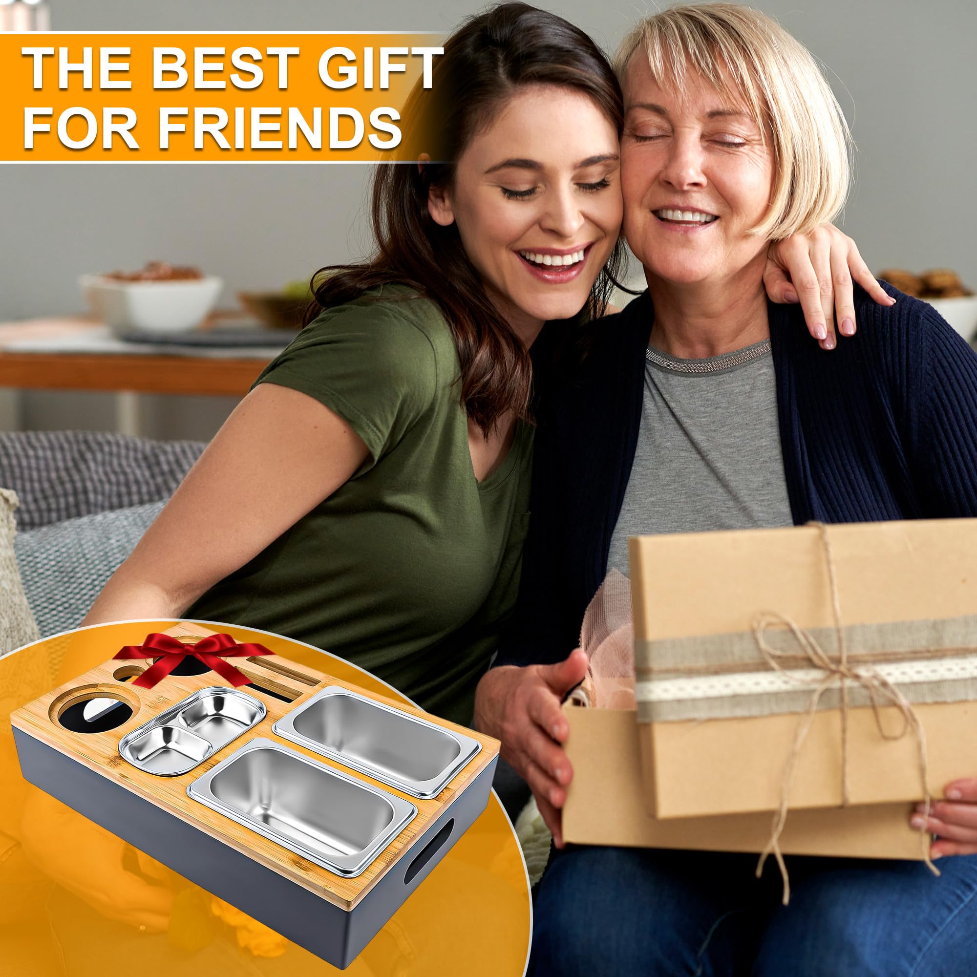 Couchbar Snackbox, Sofatablett Snackbox Mit Snackschalen Aus Edelstahl, Snackbox mit Fächern, Sofaablage für Wohnzimmer Schlafzimmer Camping Garten Picknickparty
