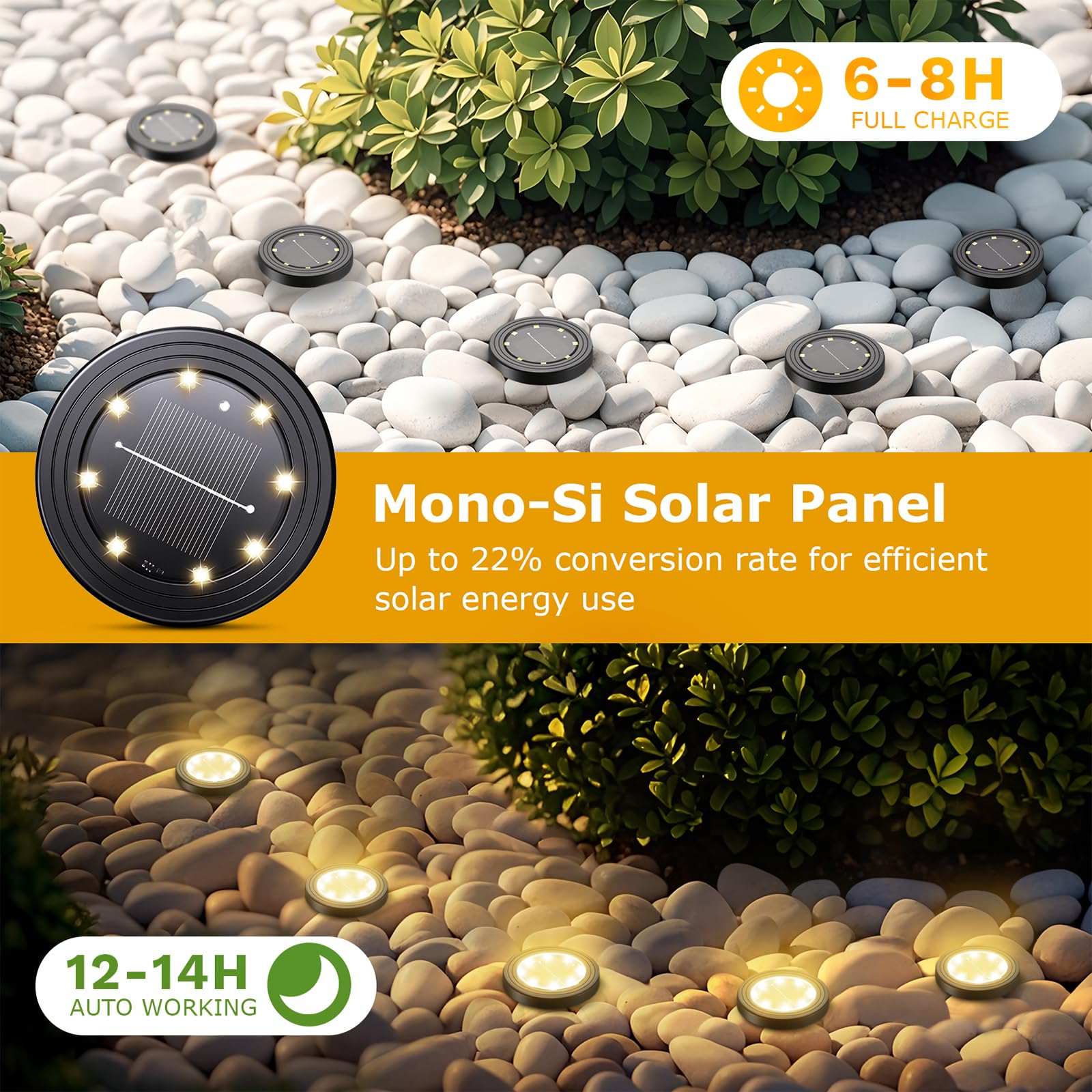 NIBSHOOM Lot de 8 Lampe Solaire Exterieur, IP68 Waterproof Lumiere Solaires 8 LED, Spot Solaire Longue durée de vie, Lumière Chaude Eclairage pour Jardin, Chemin, Terrasse - 2