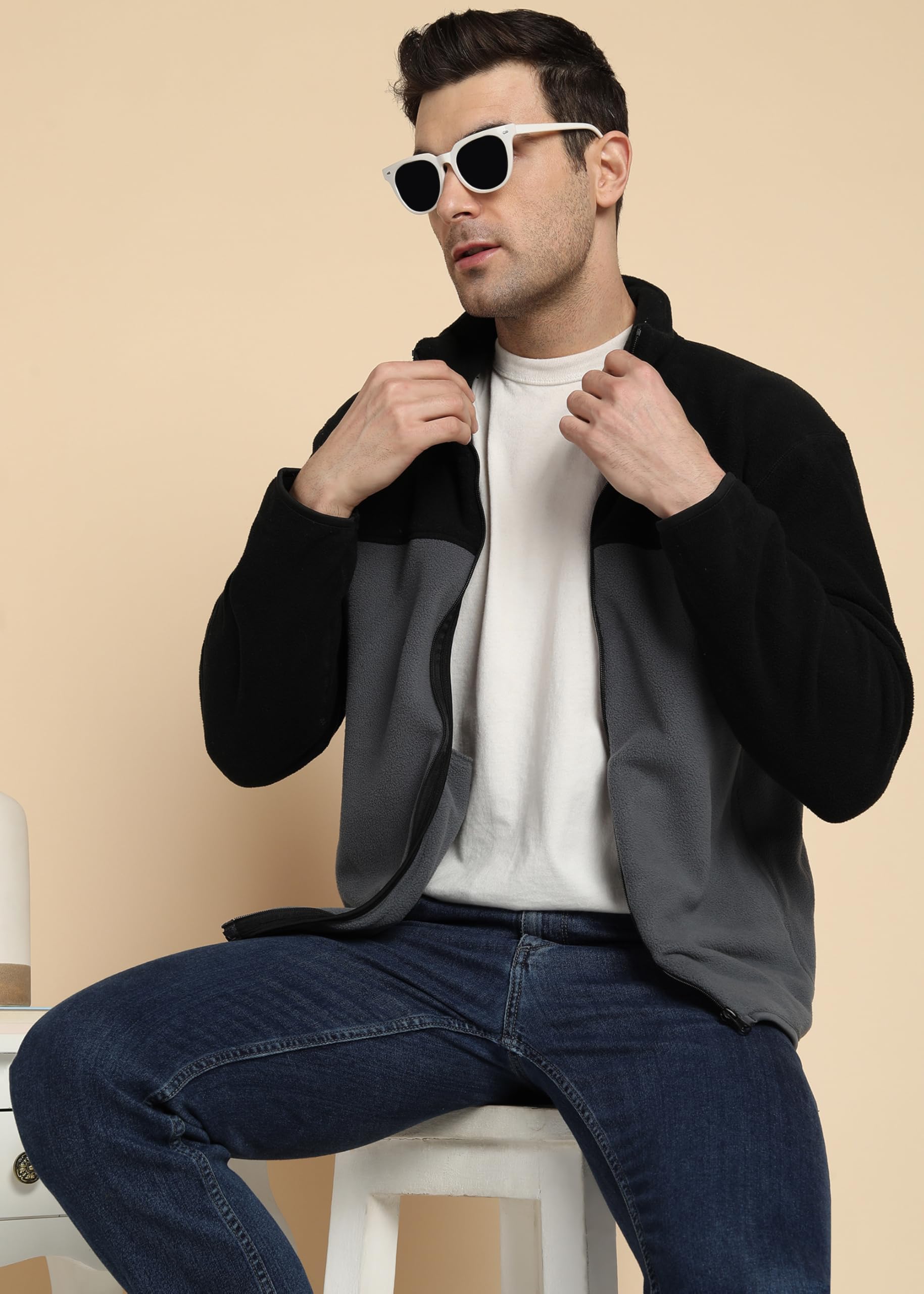 Alan Jones Clothing Men’s Fleece Full-Zip Jacket | Warm Puffy Polyester Jacket with Stand Collar & Piped Cuffs (Grey_XL) - Image 2 thumbnail