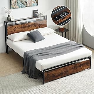 Virabit Bed Frame Full Size with Drawers, Full Platform Bed Frame with Headboard and Power Outlets, No Box Spring Needed, Easy Assemble(Brown).
