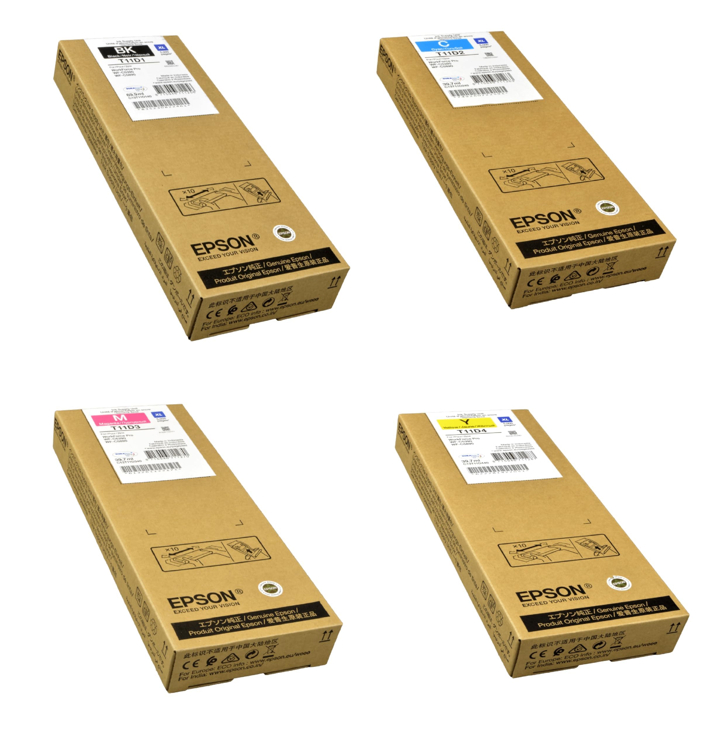Epson Original T11D140 (T11D1) schwarz XL 69,9ml + T11D2, T11D3, T11D4 Cyan, Magenta, gelb, Farbe XL 397ml Tintenpatronen, für Workforce-Pro WF-C5390, Workforce-Pro WF-C5390DW, WF-C5890