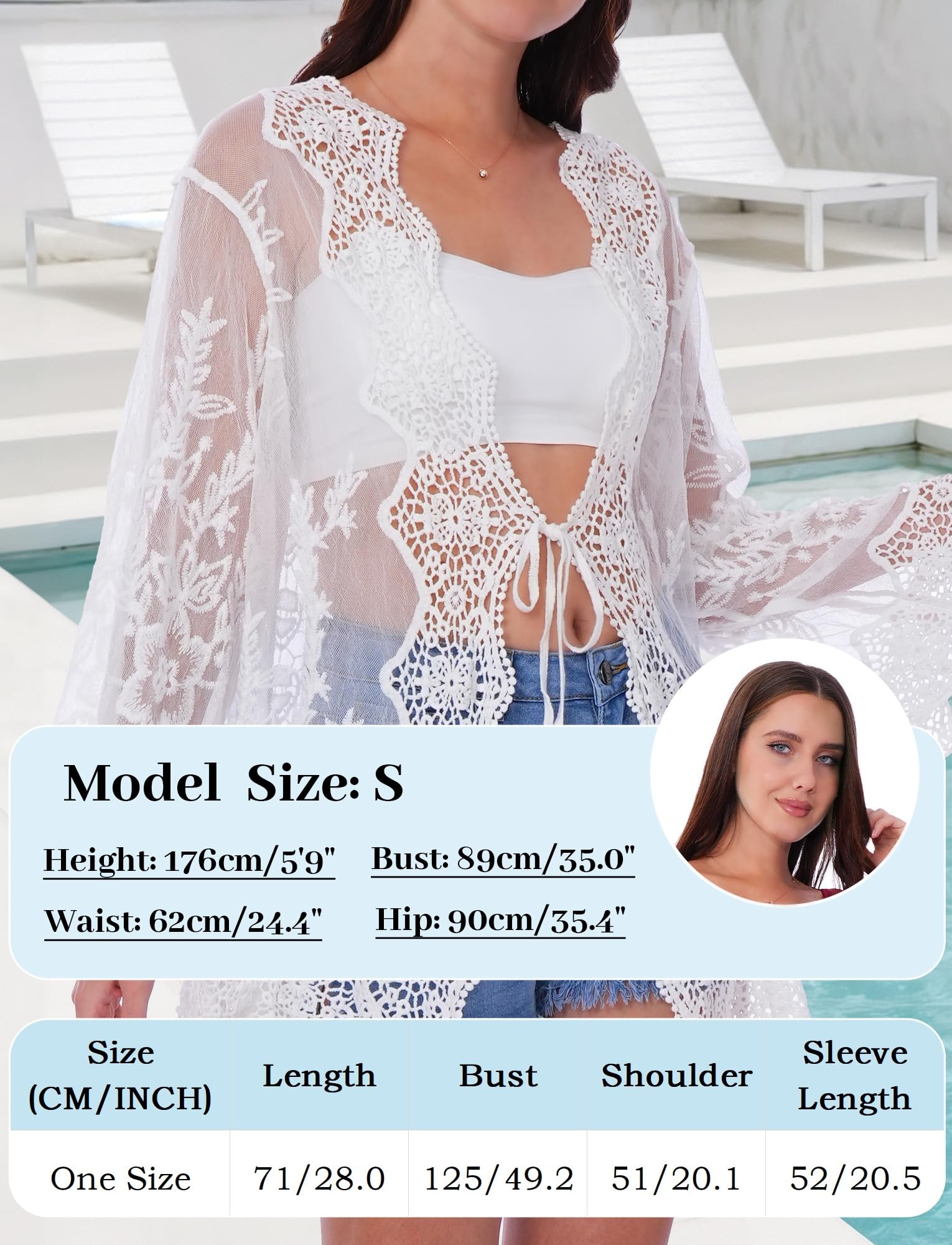 Maeau Kimono en dentelle et maille pour femme - Manches longues - Transparente - Cache-maillot d'été à nouer sur le devant - Cardigan de plage bohème - Taille unique