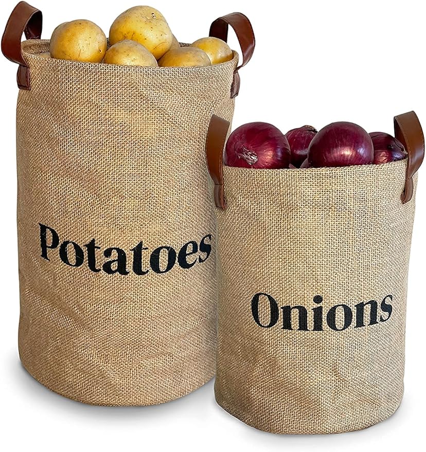 Lined Burlap Pantry Storage Baskets For Potatoes And Onions With
