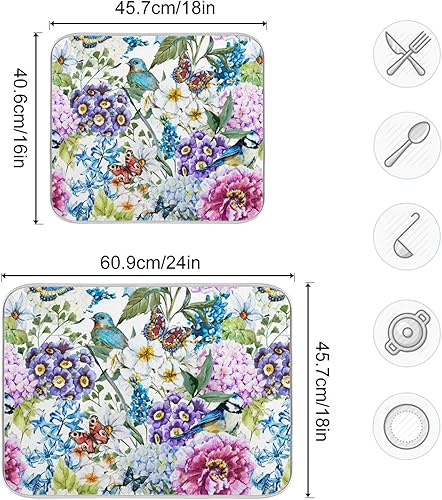 Miniatura 3 de Tapete de secado de platos de pájaros florales para cocina, globo de primavera, margaritas, mariposas y flores, tapete de secado de microfibra