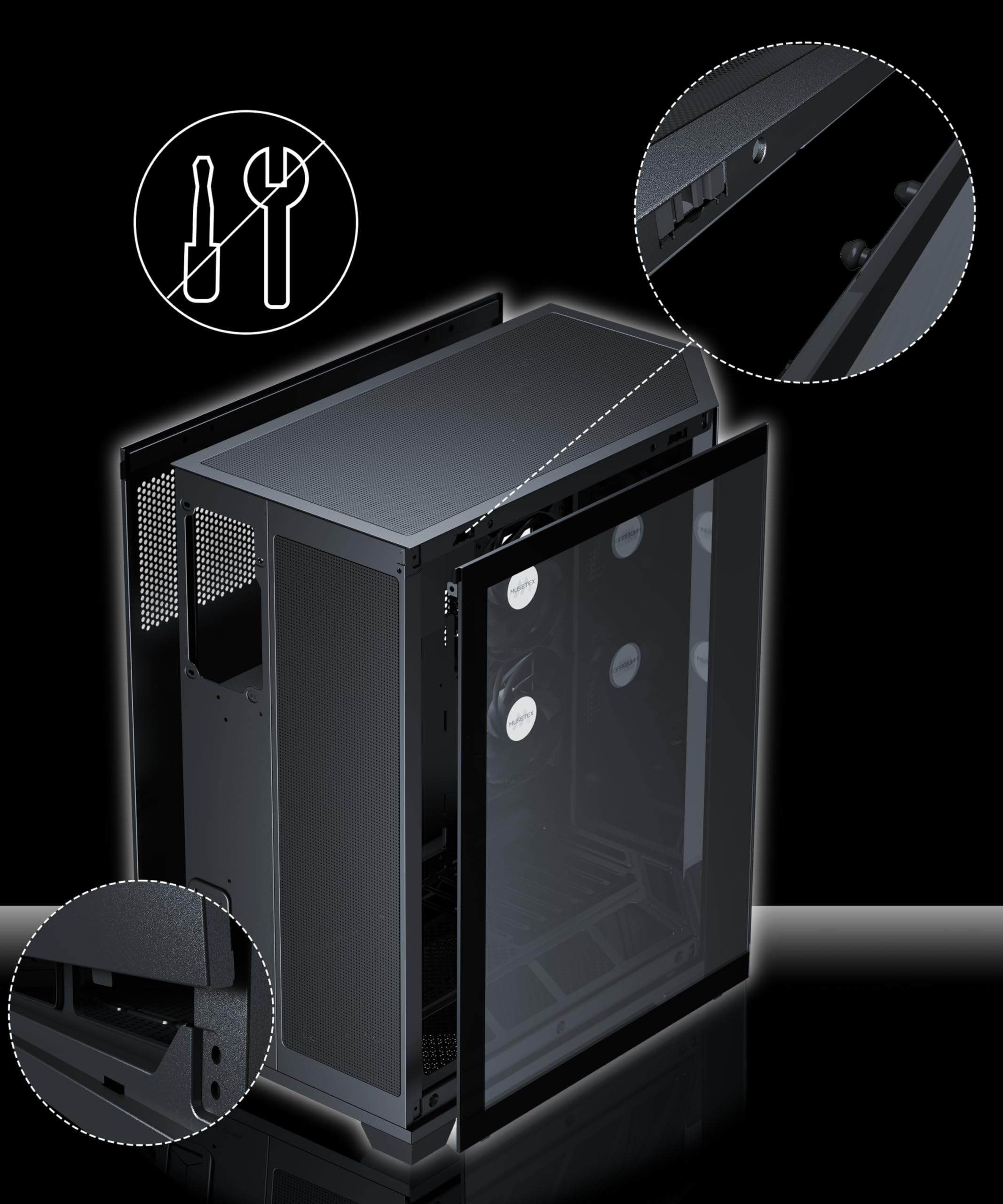 MUSETEX Torre Media ATX para PC Gaming, con Montaje Vertical para GPU, 5 Ventiladores ARGB PWM Preinstalados, Soporte para Radiador de 360 mm, Negro (GR3)