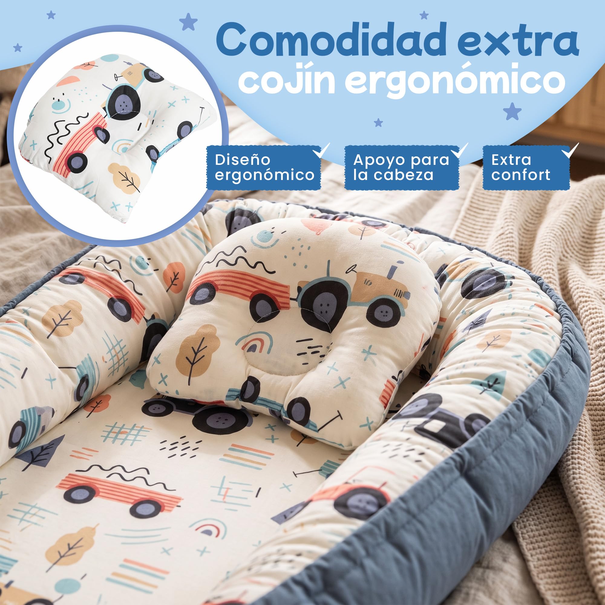 Reductor de Cuna para Bebé | Nido Bebé con Cojín Ergonómico, Funda Desenfundable y Lavable | Colchoneta Acolchada Suave con Estampado | Ideal para Cuna, Moisés y Colecho