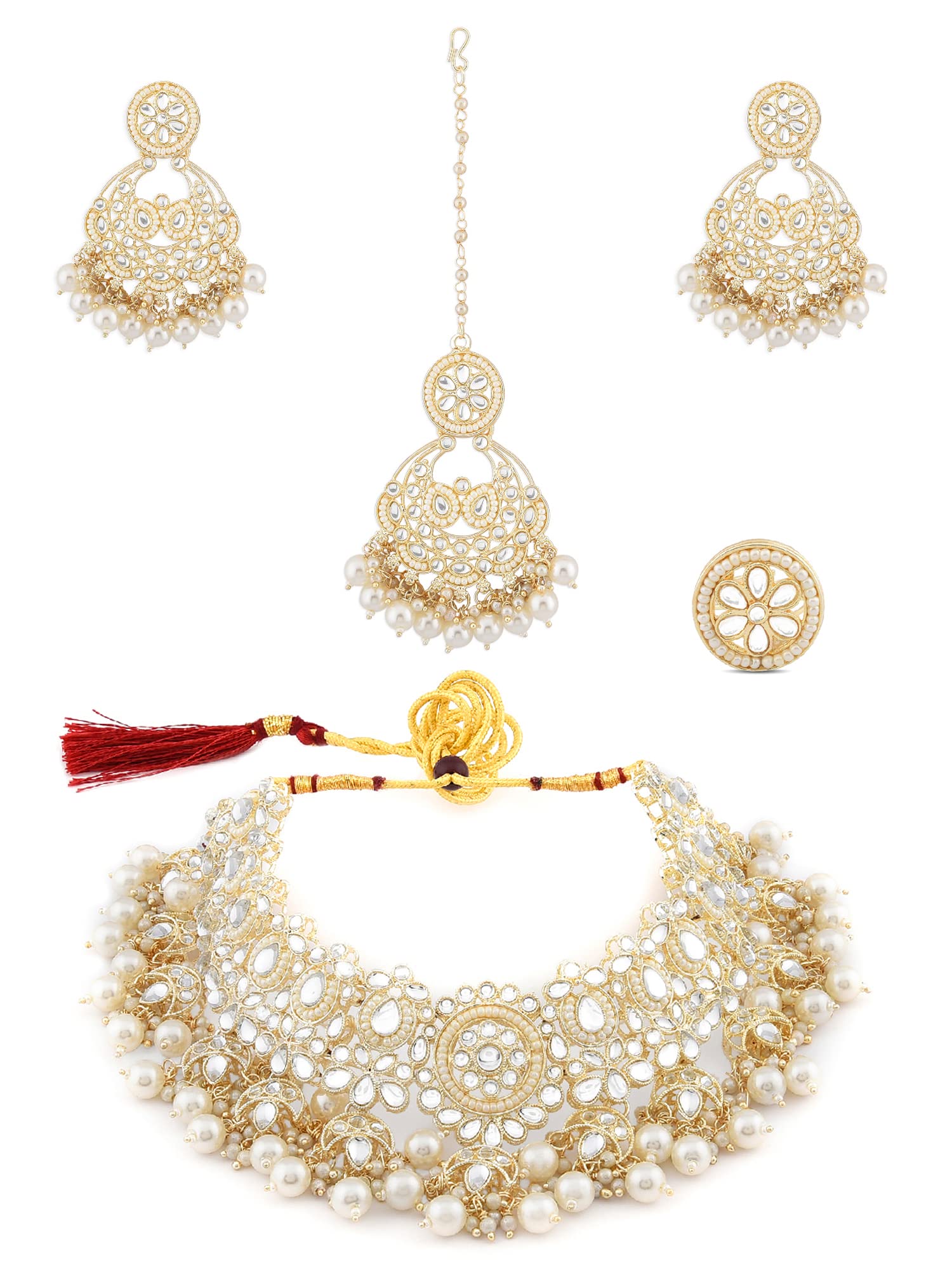 Zaveri Pearls Gold Tone Kundan & Pearls Bridal Necklace Earring Maangtikka & Ring Set For Women-ZPFK12203