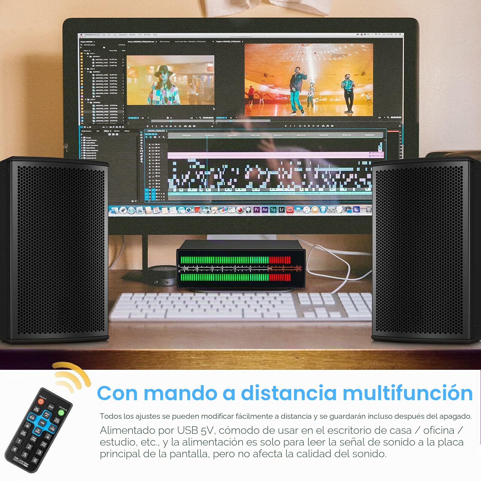 MIC+LINE - Medidor de nivel de sonido LED de dos canales, pantalla de espectro de música, estéreo RCA/adaptador de audio AUX de 3,5 mm