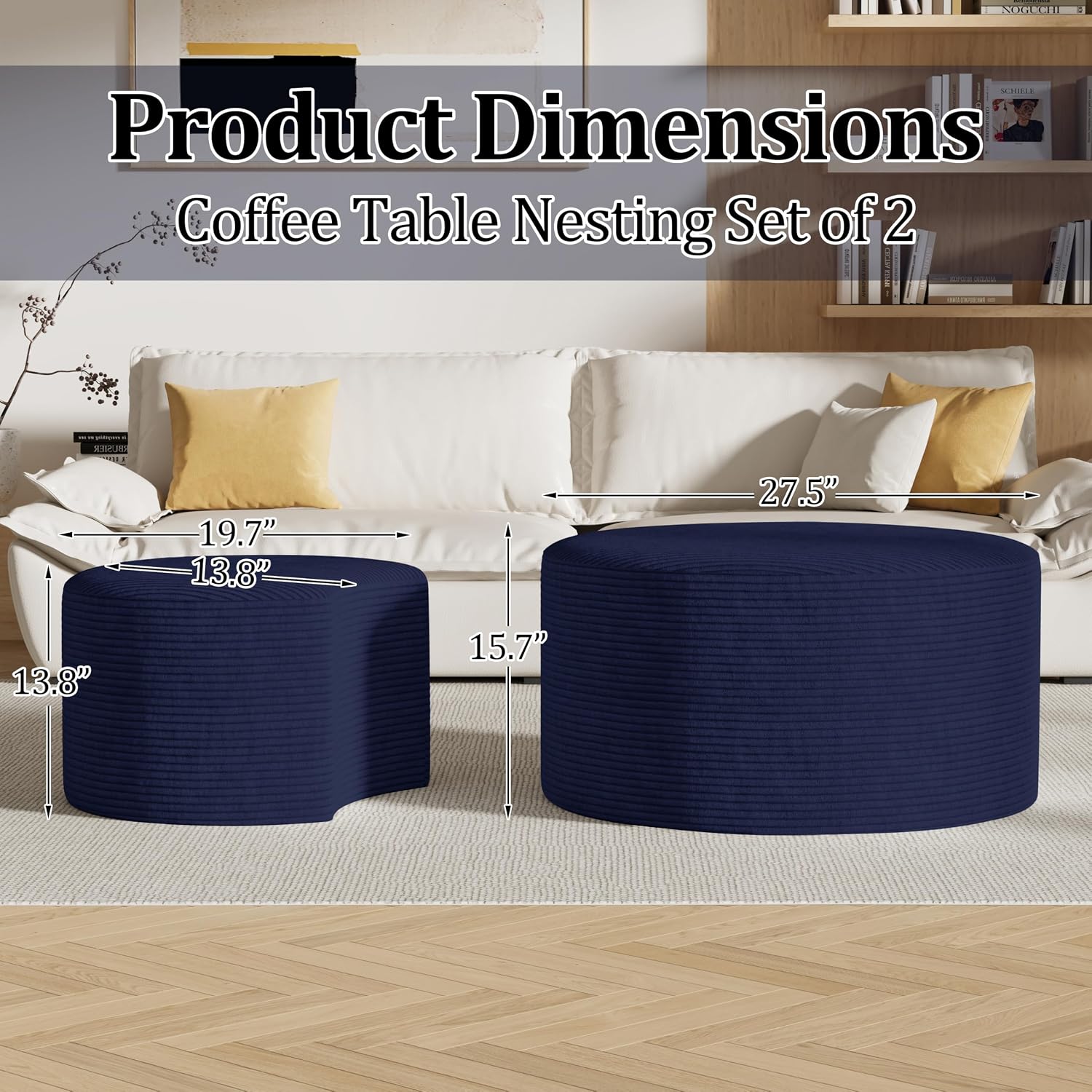 Round Nesting Coffee Table Set of 2,Upholstered Foam Ottoman Footrest Side Table Set,Modern Flannel Circle Coffee Table No Assembly for Living Room Entryway Bedroom (Blue)