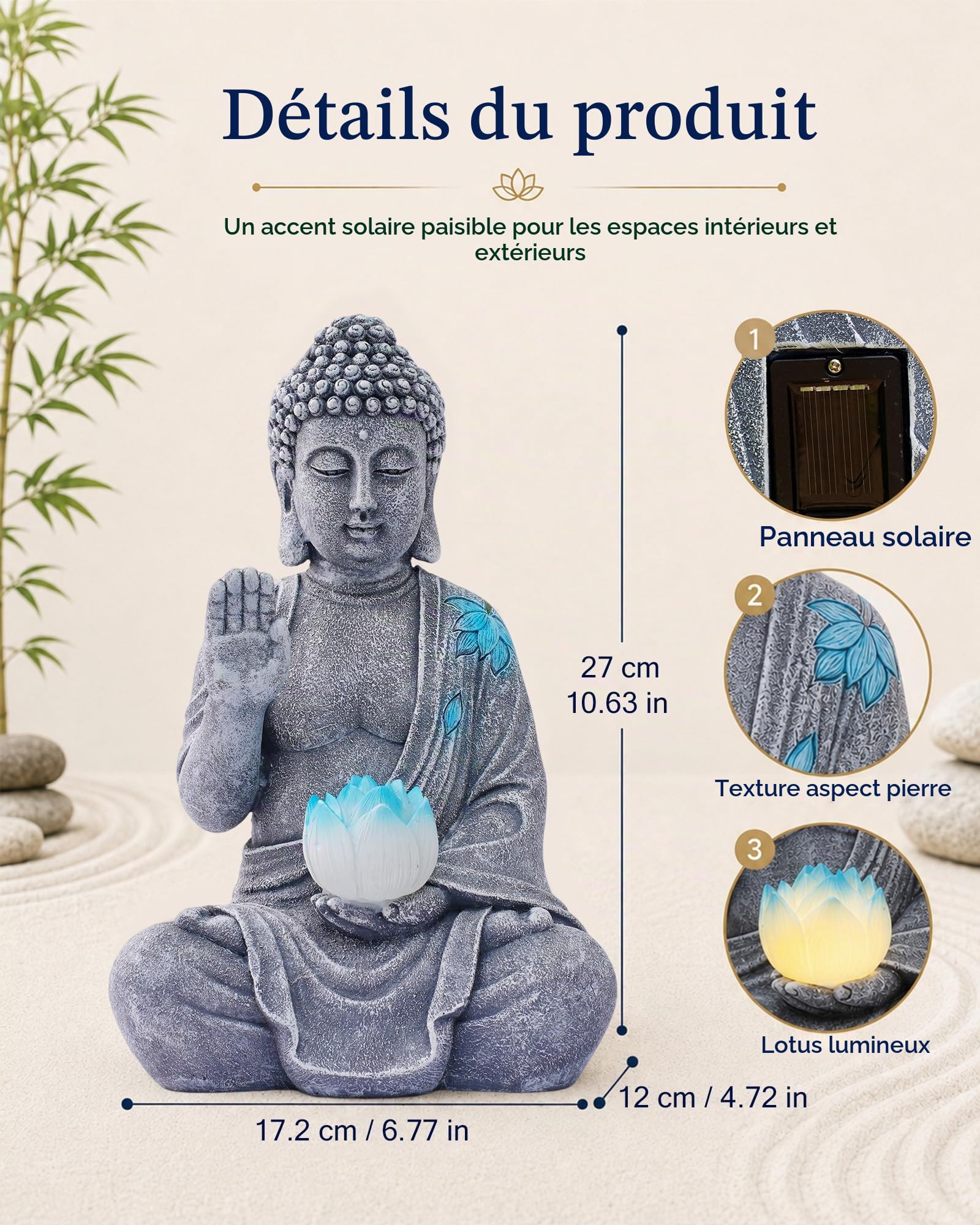 Yeomoo Statue de Bouddha avec LED solaire Lotus Décoration de jardin - Figurine de méditation résistante aux intempéries pour jardin Zen, salon Feng Shui, cadeau spirituel pour femmes, maman, hommes