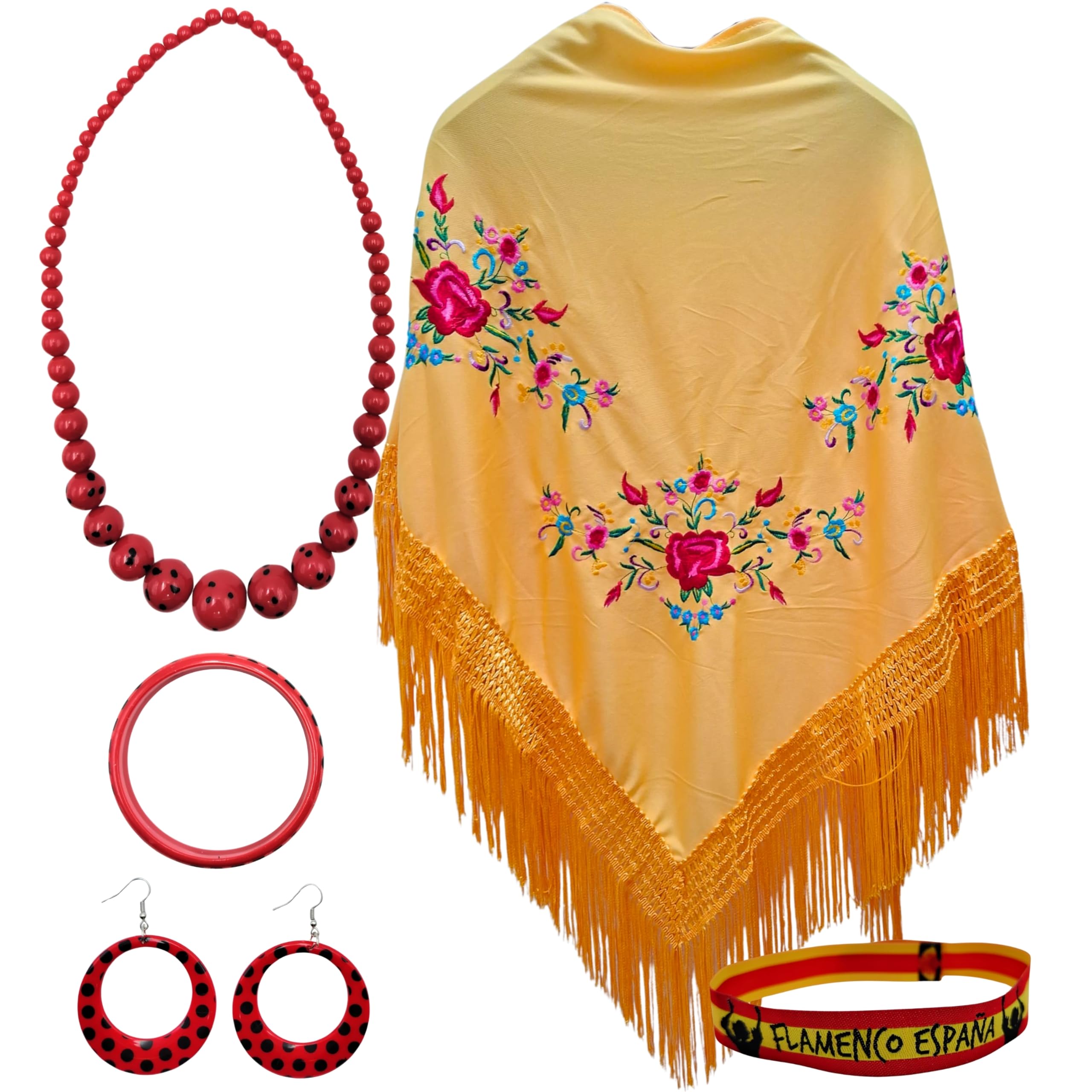 Planta Color Flower Embroidered Shawl with Accessories, Yellow 3 Flowers, L