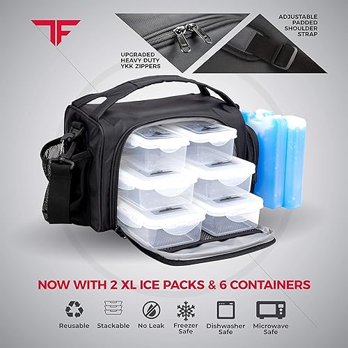 Miniatura 4 de ThinkFit Lonchera aislada para preparación de comidas con 6 recipientes de control de porciones sin BPA, reutilizable, apta para microondas,