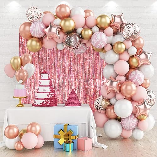 Miniatura 6 de Paquete de 3 telón de fondo rosa de 3.3 x 8.2 pies para decoraciones de fiesta de rosas, cortinas de flecos de papel de oropel metálico rosa, telón