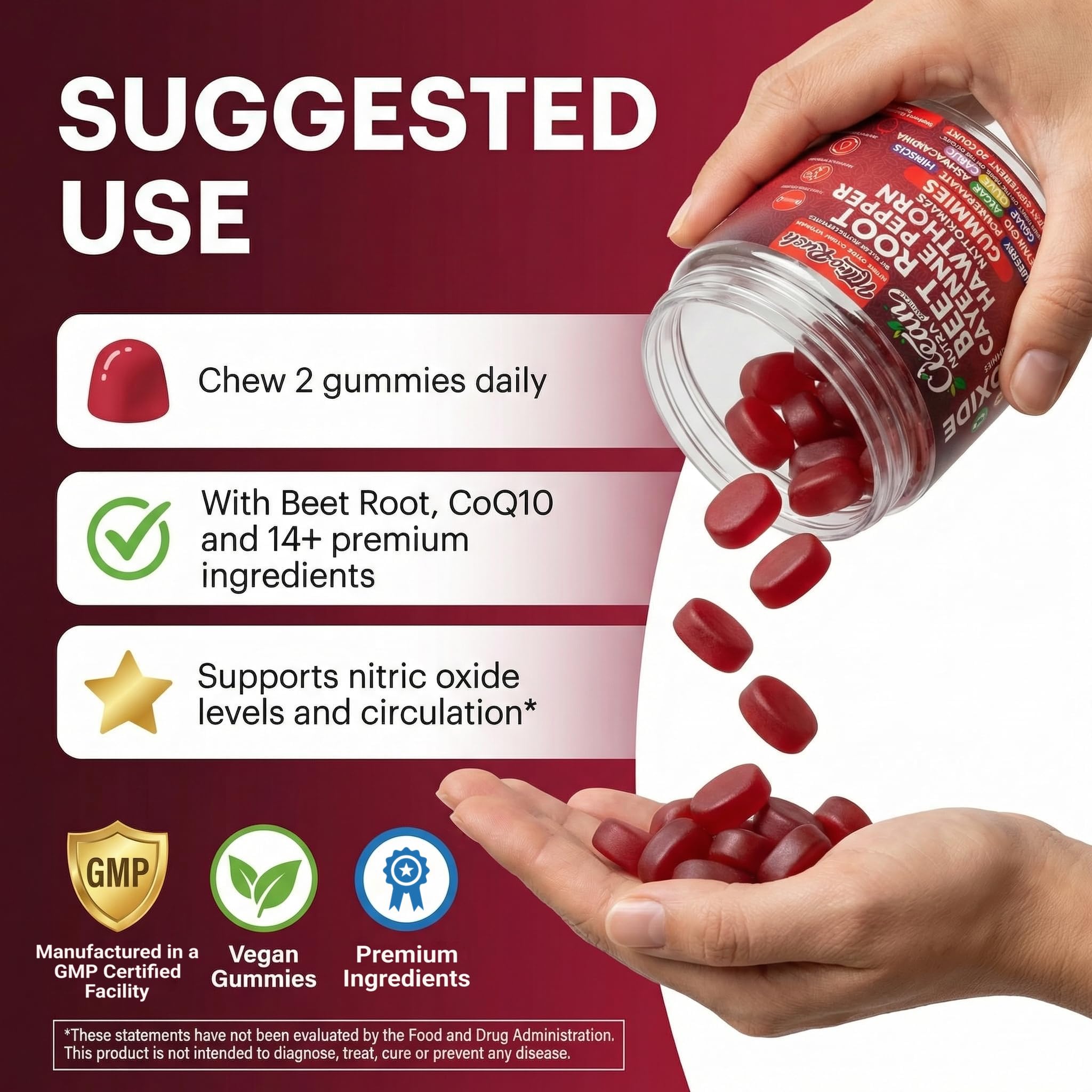 Nitro Rush Nitric Oxide Gummies Beet Root Cayenne Pepper Pomegranate Vitamin C Hawthorn Nattokinase Blueberry Hibiscus Coenzyme Q10 Algae Ashwagandha Root Grape Olive Garlic 60 Count by Clean Nutra — Amazon image 6
