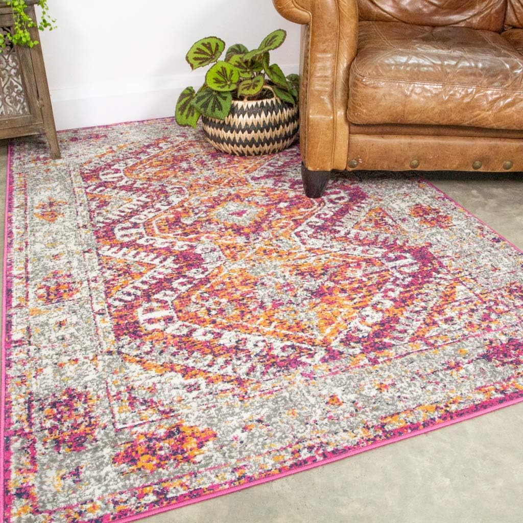Traditional Aztec Pink Rug Distressed Vintage Orange Bohemian Living Room Area Bedroom Rugs 120cm x 170cm